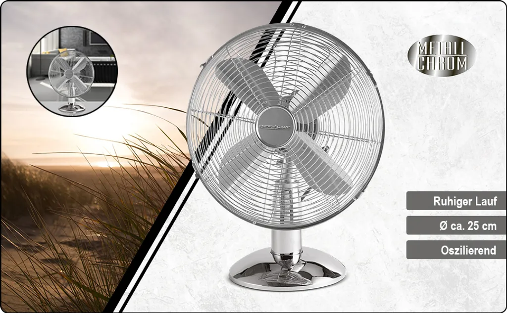 ProfiCare Tisch-Ventilator PC-VL 3062 M, Hochwertiges Metall-Gehäuse, Kleiner Lüfter Mit Verstellbarem Neigungswinkel Und Ruhigem Lauf, Metall-Chrom – Bild 9
