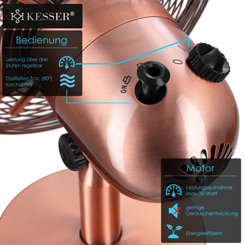 KESSER® - Tischventilator Design Retro Voll-Metallgehäuse 80° Oszillation - Leise Ventilator Mit 3 Geschwindigkeitsstufen - Zuschaltbare | Windmaschine | Neigungswinkel Ca. 40° Metall, Farbe:Kupfer – Bild 7